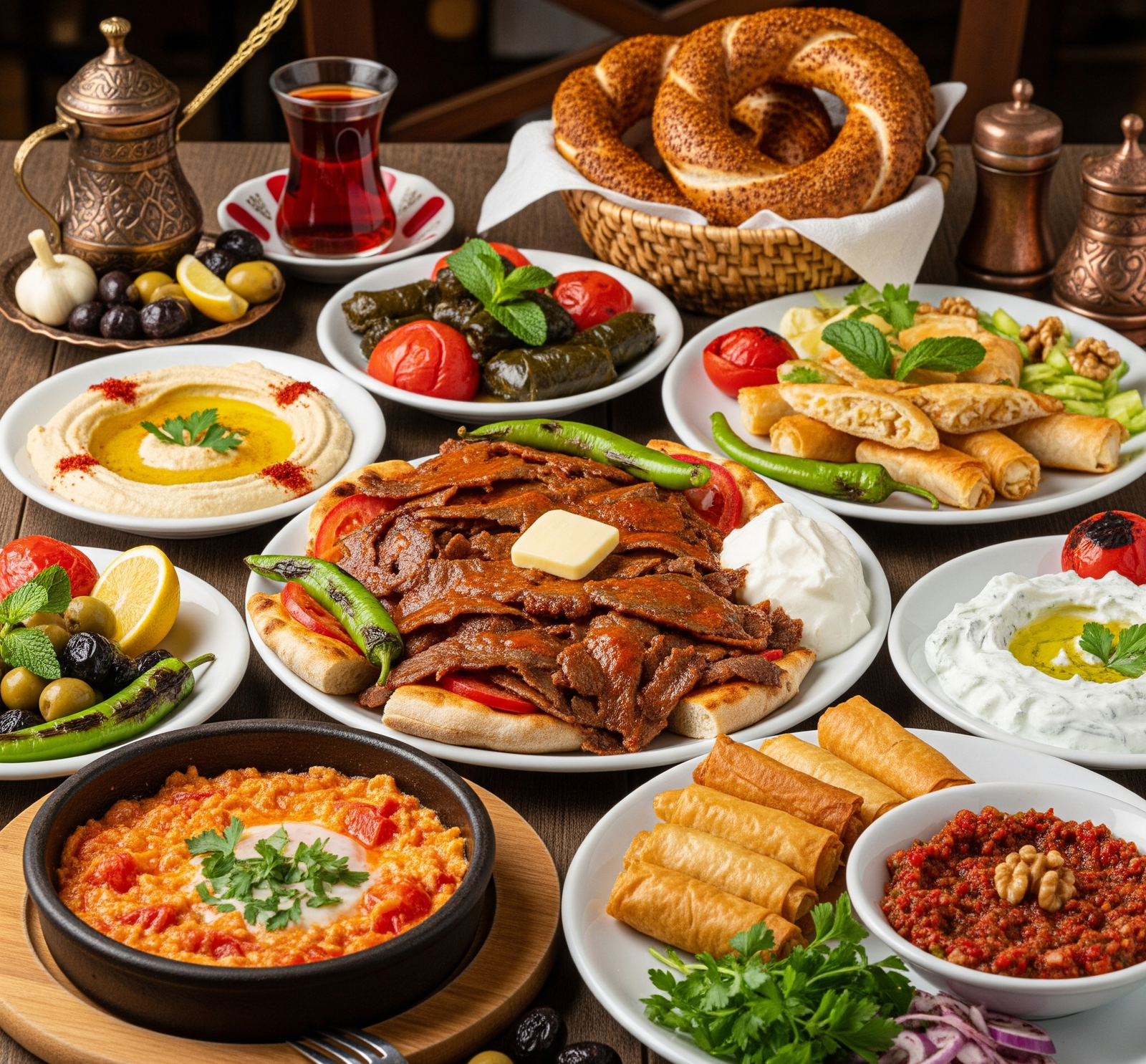 A table filled with traditional Turkish dishes, including meze and grilled kebabs.