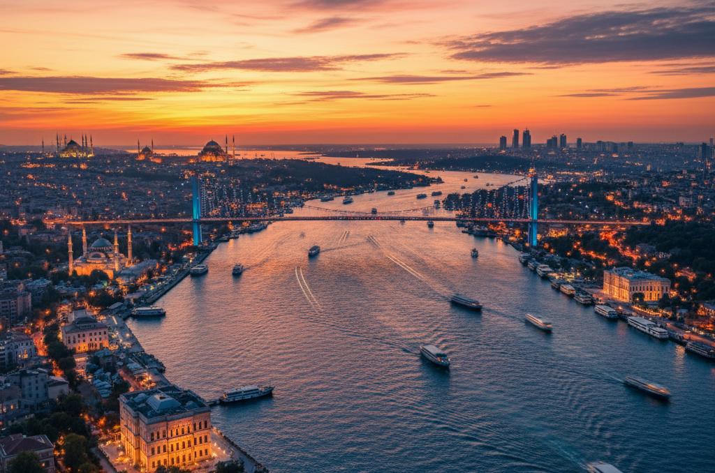Stunning panoramic view of Istanbul's Bosphorus Strait at sunset, showing historic mosques, luxury real estate, and the connection between Europe and Asia.