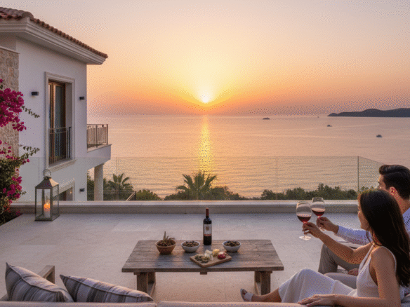 Couple relaxing on a sea-view terrace in Antalya at sunset, Mediterranean-style luxury villa, wine glasses on table, symbolizing Turkish citizenship by property investment.