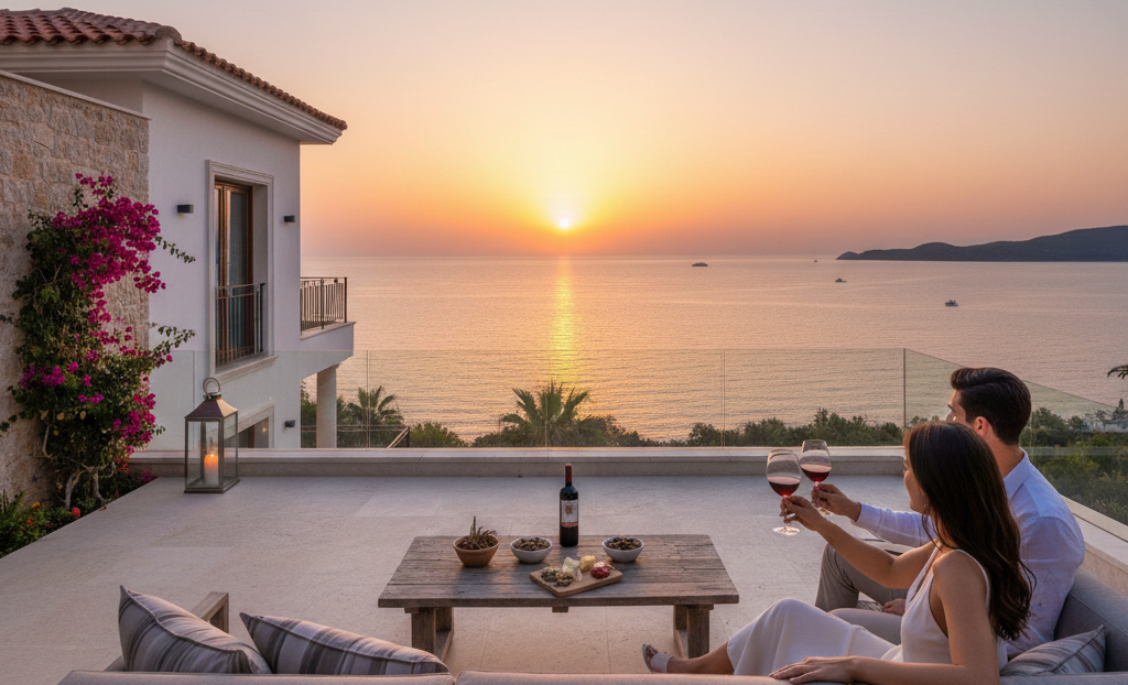 Couple relaxing on a sea-view terrace in Antalya at sunset, Mediterranean-style luxury villa, wine glasses on table, symbolizing Turkish citizenship by property investment.