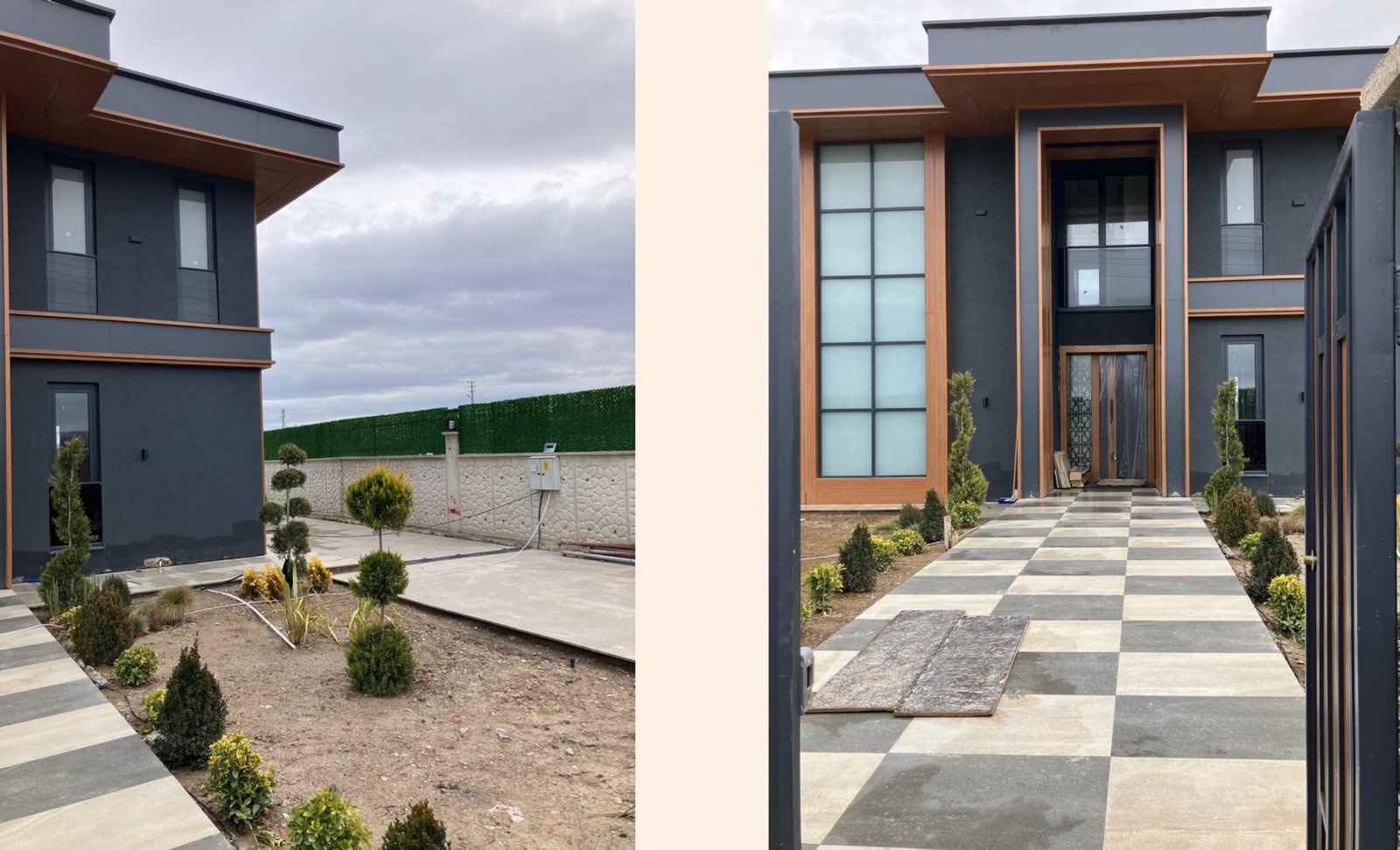 Modern facade and secured entrance of the exclusive luxury villa project in the established Gölbaşı, Ankara neighbourhood.