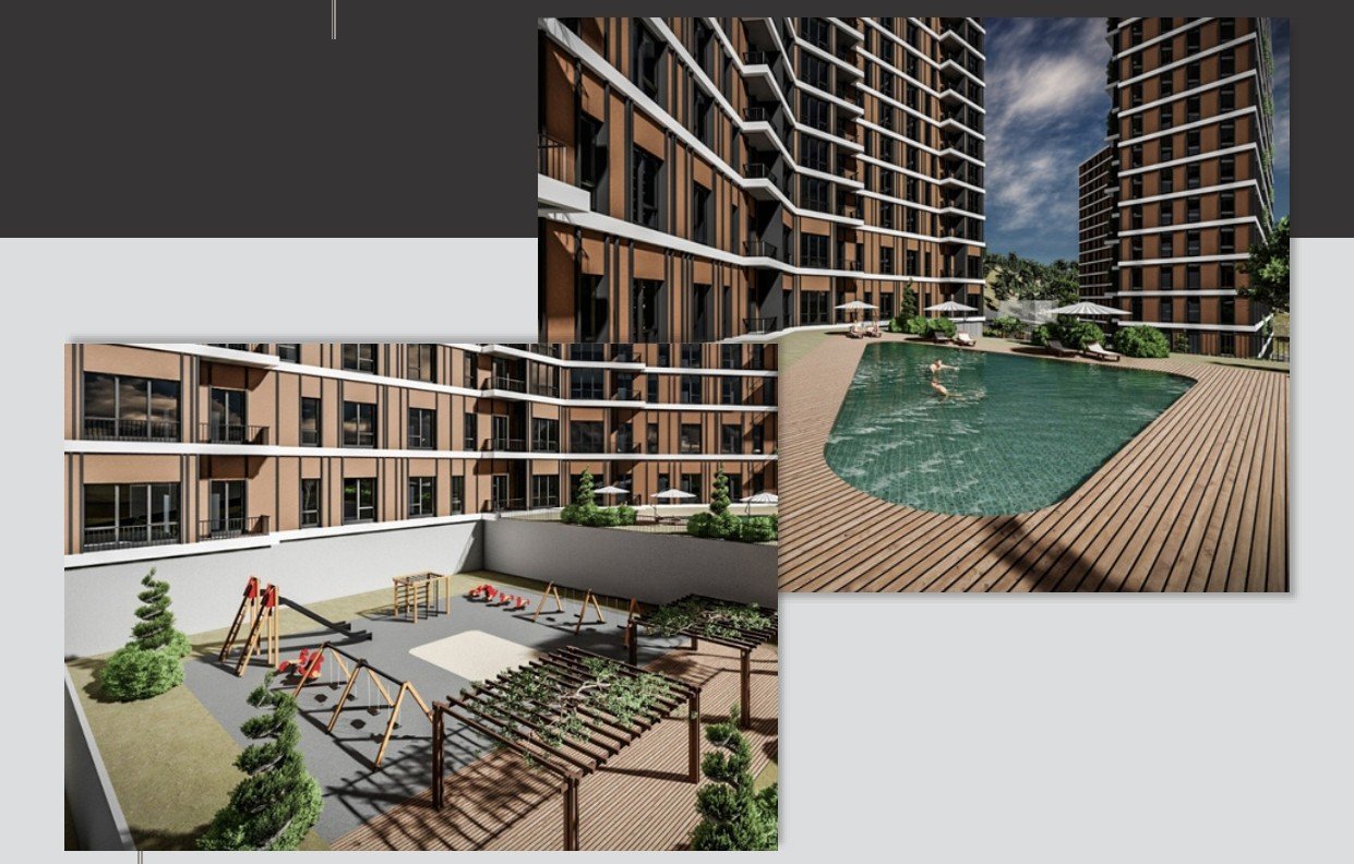Outdoor swimming pool and landscaped gardens at the Galaxy Adalar Istanbul residential complex in Maltepe.