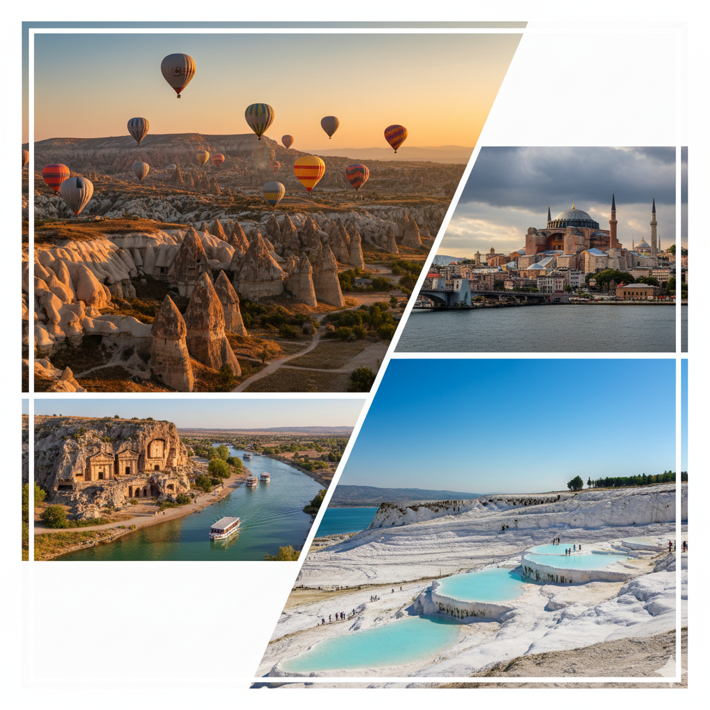Havenly Homes TR-Collage of Turkey's iconic destinations: hot air balloons over Cappadocia, Hagia Sophia in Istanbul, Dalyan River with rock tombs, and Pamukkale terraces.